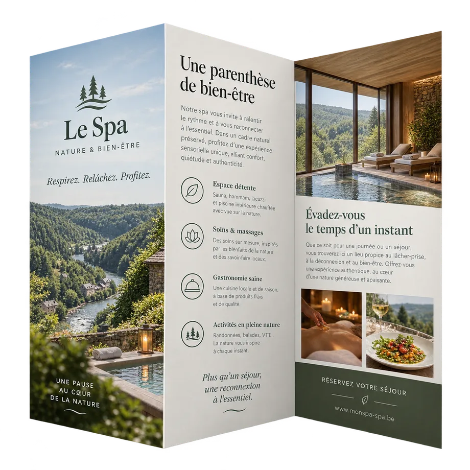 Exemple de brochure imprimée à Bruxelles chez CopyHouse Arenberg : couverture et pages intérieures en couleur